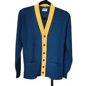 Vintage 60s Lanza Green Gold Varsity Shaker Knit Cardigan Sweater Orlon Acrylic